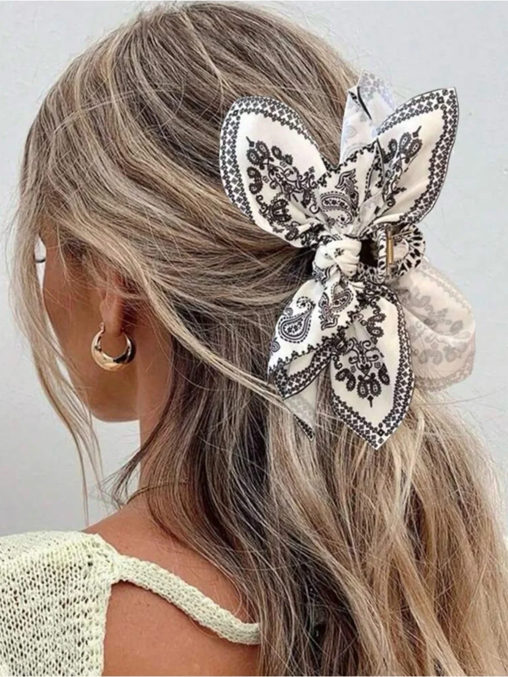 Elegant Black & White Paisley Hair Bow Claw Clip - Women Accessories